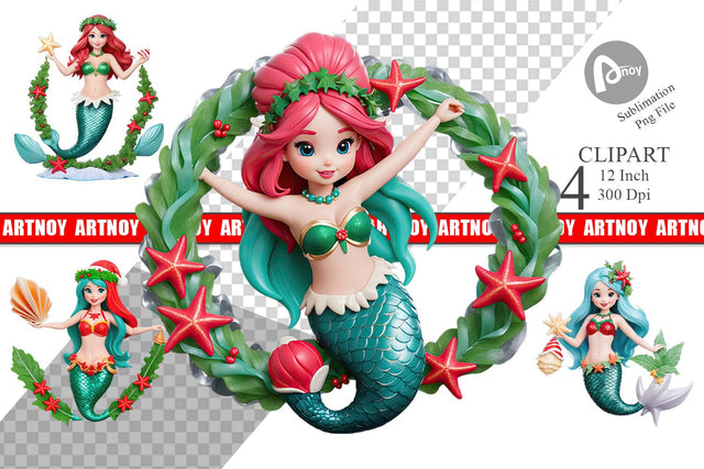 3D Christmas Mermaid Clipart Sublimation artnoy 