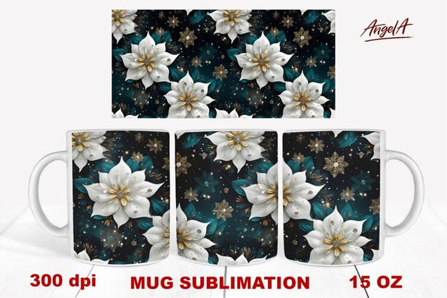 3d christmas mug wrap / christmas white flowers pattern Sublimation Angelina Semenova 