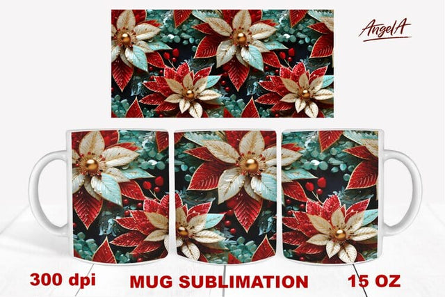 3d christmas mug wrap / sparkle christmas flowers pattern Sublimation Angelina Semenova 