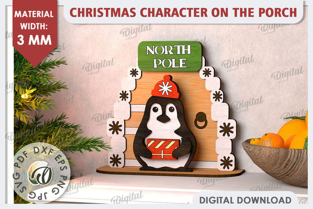 3D Christmas Penguin on the Porch Laser Cut. Christmas Decor SVG Evgenyia Guschina 