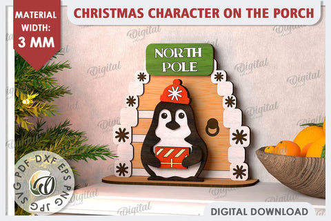 3D Christmas Penguin on the Porch Laser Cut. Christmas Decor SVG Evgenyia Guschina 