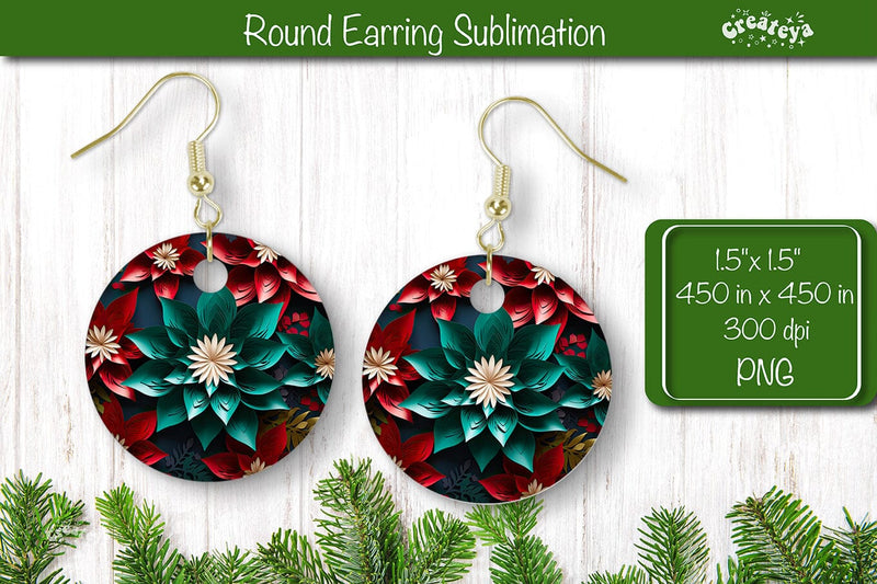 3D Christmas Round Earring Sublimation Designs Christmas 3D Flowers Sublimation Createya Design 