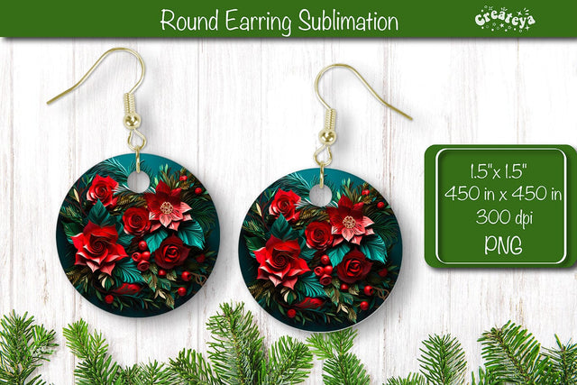 3D Christmas Round Earring Sublimation Designs Christmas 3D Flowers Sublimation Createya Design 