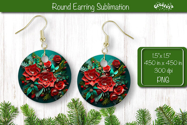 3D Christmas Round Earring Sublimation Designs Christmas 3D Flowers Sublimation Createya Design 