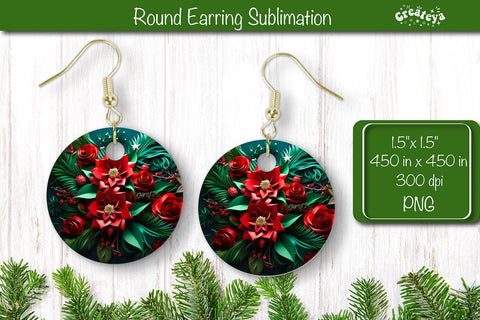 3D Christmas Round Earring Sublimation Designs Christmas 3D Flowers Sublimation Createya Design 