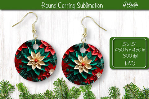 3D Christmas Round Earring Sublimation Designs Christmas 3D Flowers Sublimation Createya Design 