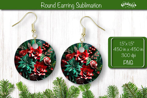 3D Christmas Round Earring Sublimation Designs Christmas 3D Flowers Sublimation Createya Design 