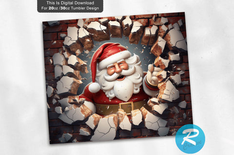 3D Christmas Santa Cracked Hole 20 Oz Png Tumbler Design Sublimation Regulrcrative 