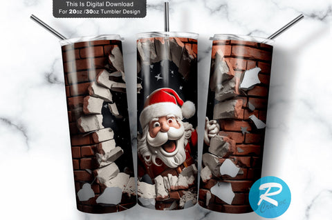 3D Christmas Santa Cracked Hole 20 Oz Png Tumbler Design Sublimation Regulrcrative 