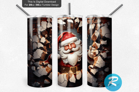 3D Christmas Santa Cracked Hole 20 Oz Png Tumbler Design Sublimation Regulrcrative 