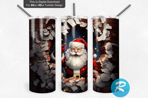 3D Christmas Santa Cracked Hole 20 Oz Png Tumbler Design Sublimation Regulrcrative 