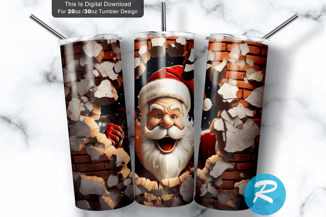 3D Christmas Santa Cracked Hole 20 Oz Png Tumbler Design Sublimation Regulrcrative 