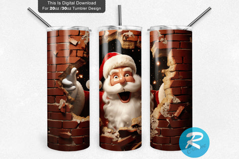 3D Christmas Santa Cracked Hole 20 Oz Png Tumbler Design Sublimation Regulrcrative 