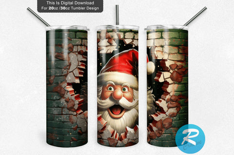 3D Christmas Santa Cracked Hole 20 Oz Png Tumbler Design Sublimation Regulrcrative 