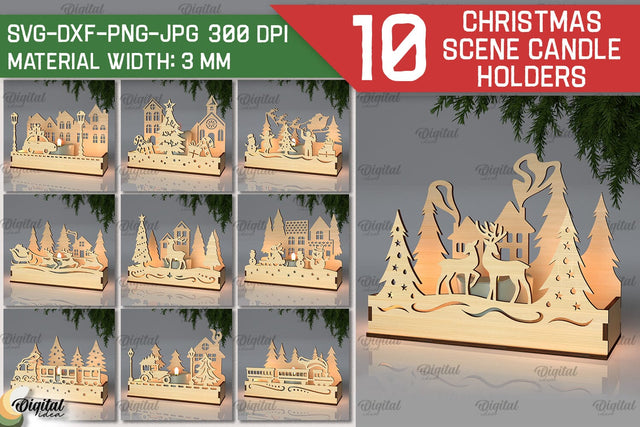 3D Christmas scene Candle Holders Laser Cut Bundle SVG Evgenyia Guschina 