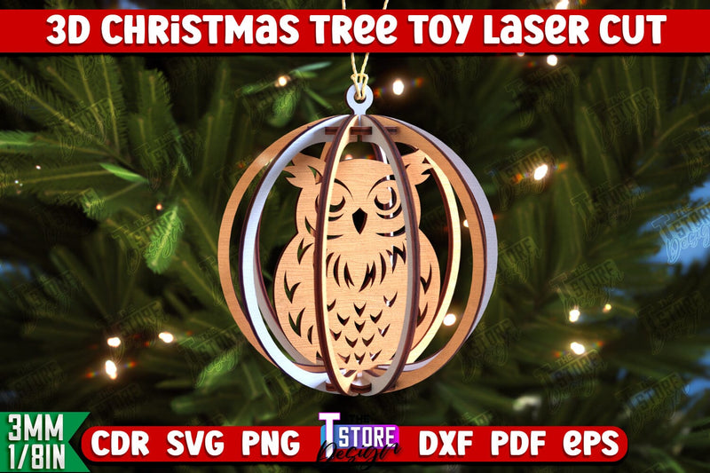 3D Christmas Tree Toy | Holiday Décor | New Year | Christmas Patterns | Christmas Ball with Owl | CNC File SVG The T Store Design 