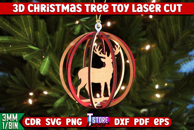 3D Christmas Tree Toy | Holiday Décor | New Year | Christmas Patterns | Christmas Ball with Reindeer | CNC File SVG The T Store Design 
