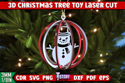 3D Christmas Tree Toy | Holiday Décor | New Year | Christmas Patterns | Christmas Ball with Snowman | CNC File SVG The T Store Design 
