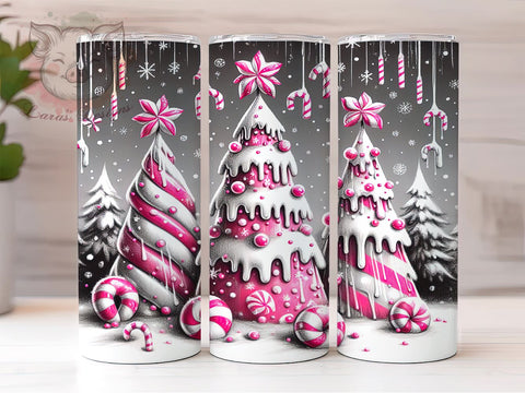 3D Christmas Tumbler, Pink Christmas Tree, Inflated Tumbler, Candy Cakes Design, Sublimation Wrap, Digital Download, 20oz Skinny Tumbler Sublimation Lara' s Designs 