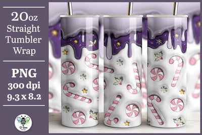 3D Christmas Tumbler Wrap | Inflated Candy Cane PNG Sublimation B Renee Design 
