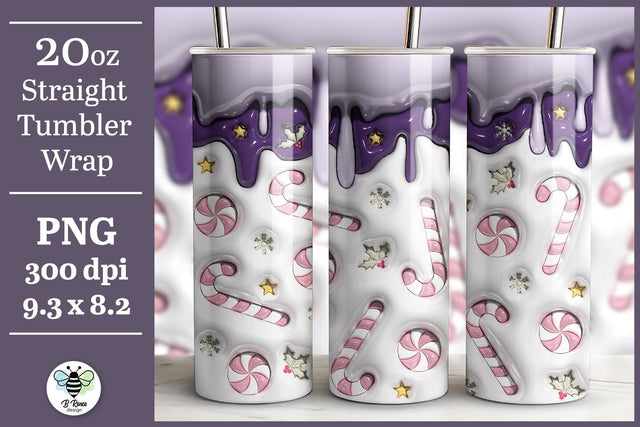 3D Christmas Tumbler Wrap | Inflated Candy Cane PNG Sublimation B Renee Design 
