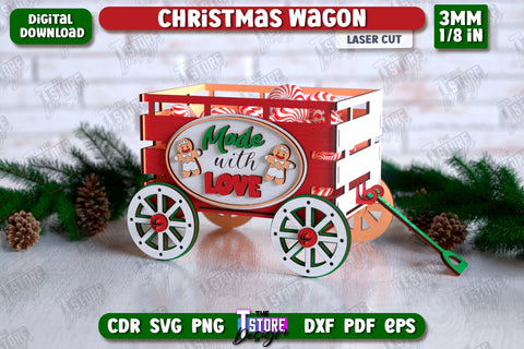 3D Christmas Wagon Laser Cut Bundle, Decorative Wooden Boxes SVG, Holiday Design, Candy Holders, Wooden Shelf Sitter, Treats Box SVG The T Store Design 