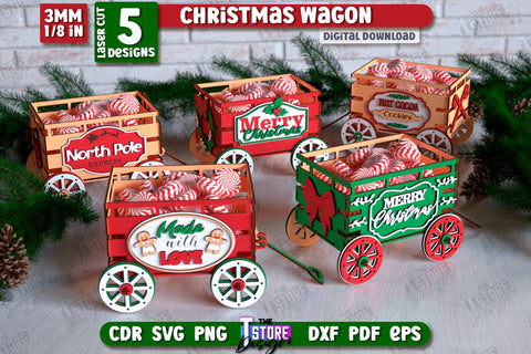 3D Christmas Wagon Laser Cut Bundle, Decorative Wooden Boxes SVG, Holiday Design, Candy Holders, Wooden Shelf Sitter, Treats Box SVG The T Store Design 