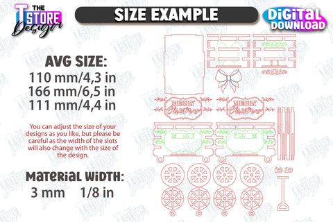3D Christmas Wagon Laser Cut Bundle, Decorative Wooden Boxes SVG, Holiday Design, Candy Holders, Wooden Shelf Sitter, Treats Box SVG The T Store Design 