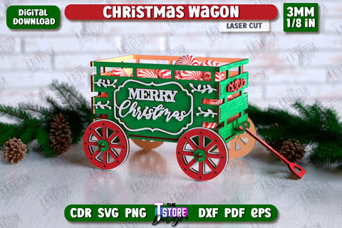 3D Christmas Wagon Laser Cut Bundle, Decorative Wooden Boxes SVG, Holiday Design, Candy Holders, Wooden Shelf Sitter, Treats Box SVG The T Store Design 