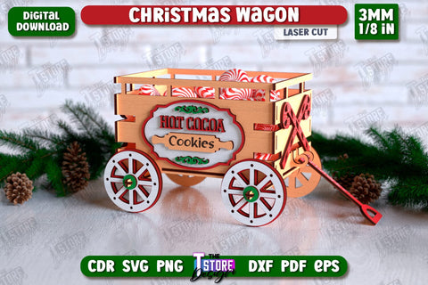 3D Christmas Wagon Laser Cut Bundle, Decorative Wooden Boxes SVG, Holiday Design, Candy Holders, Wooden Shelf Sitter, Treats Box SVG The T Store Design 