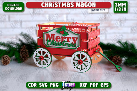3D Christmas Wagon Laser Cut Bundle, Decorative Wooden Boxes SVG, Holiday Design, Candy Holders, Wooden Shelf Sitter, Treats Box SVG The T Store Design 