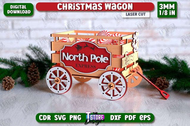 3D Christmas Wagon Laser Cut Design, Decorative Wooden Box SVG, Holiday Design, Candy Holder, Wooden Shelf Sitter, Treats Box SVG The T Store Design 