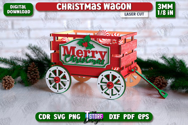 3D Christmas Wagon Laser Cut Design, Decorative Wooden Box SVG, Holiday Design, Candy Holder, Wooden Shelf Sitter, Treats Box SVG The T Store Design 