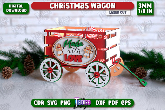 3D Christmas Wagon Laser Cut Design, Decorative Wooden Box SVG, Holiday Design, Candy Holder, Wooden Shelf Sitter, Treats Box SVG The T Store Design 