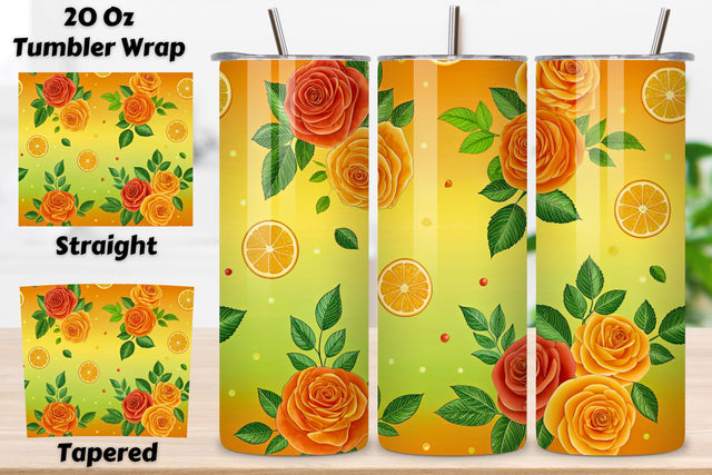 3D Citrus Rose Seamless Tumbler Wrap, Bright Orange and Green Roses, seamless tumbler wrap, citrus rose design, bright floral wrap, orange green roses, watercolor citrus design, 20oz skinny tumbler, tapered tumbler wrap, straight tumbler design Sublimation FloridPrintables 