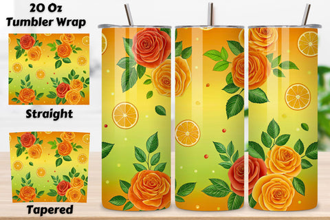 3D Citrus Rose Seamless Tumbler Wrap, Bright Orange and Green Roses, seamless tumbler wrap, citrus rose design, bright floral wrap, orange green roses, watercolor citrus design, 20oz skinny tumbler, tapered tumbler wrap, straight tumbler design Sublimation FloridPrintables 