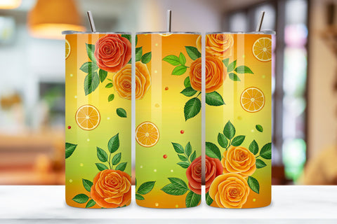 3D Citrus Rose Seamless Tumbler Wrap, Bright Orange and Green Roses, seamless tumbler wrap, citrus rose design, bright floral wrap, orange green roses, watercolor citrus design, 20oz skinny tumbler, tapered tumbler wrap, straight tumbler design Sublimation FloridPrintables 