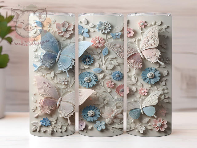 3D Clay Butterfly Floral 20oz Tumbler Wrap, Sculpted Clay Flowers Tumbler, Elegant Butterfly 20oz Design, Handmade Look Tumbler Wrap, Textured Floral Butterfly Tumbler Sublimation Lara' s Designs 