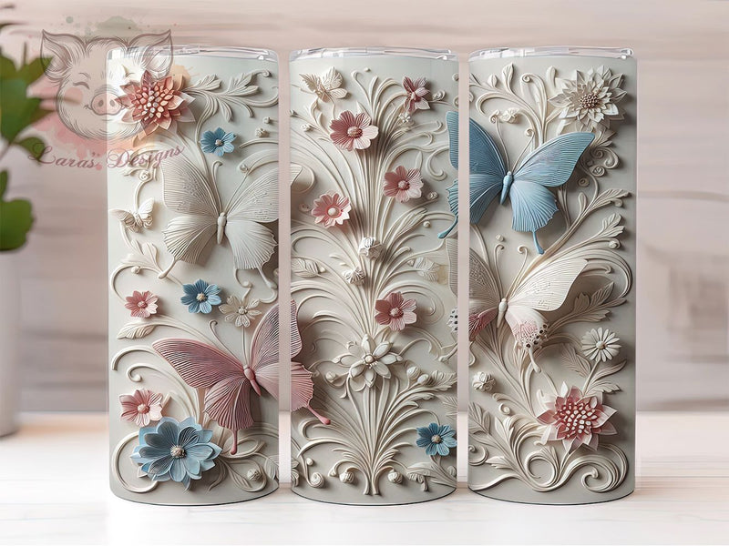 3D Clay Butterfly Floral 20oz Tumbler Wrap, Sculpted Clay Flowers Tumbler, Elegant Butterfly 20oz Design, Handmade Look Tumbler Wrap, Textured Floral Butterfly Tumbler Sublimation Lara' s Designs 