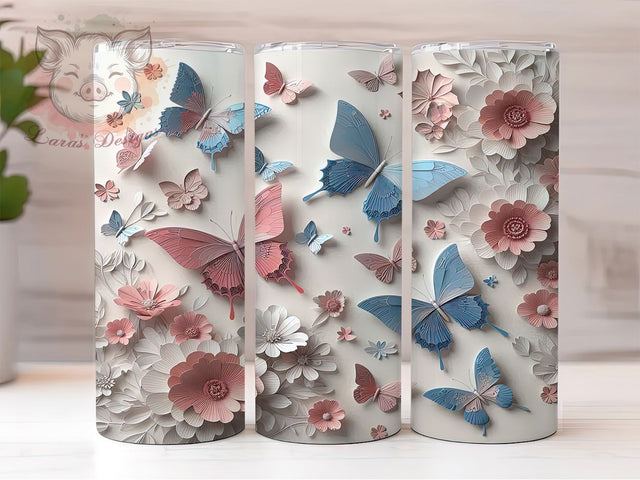 3D Clay Butterfly Floral 20oz Tumbler Wrap, Sculpted Clay Flowers Tumbler, Elegant Butterfly 20oz Design, Handmade Look Tumbler Wrap, Textured Floral Butterfly Tumbler Sublimation Lara' s Designs 