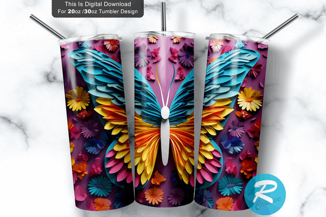 3D Colorful Butterfly Flowers 20 Oz Tumbler Sublimation Regulrcrative 