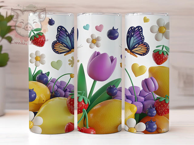 3D Colorful Fruit Floral Tumbler, Inflated Fruit Tumbler, Lemon Strawberry Wrap, Cherry Floral Wrap, Vibrant Fruit Wrap, Sublimation Design, Trendy Gift Idea Sublimation Lara' s Designs 
