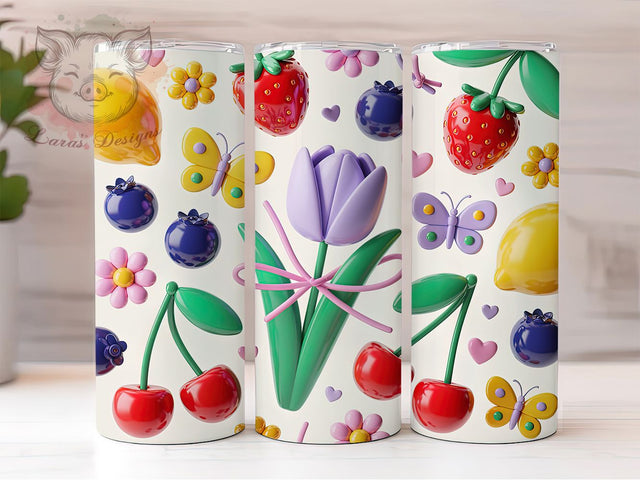 3D Colorful Fruit Floral Tumbler, Inflated Fruit Tumbler, Lemon Strawberry Wrap, Cherry Floral Wrap, Vibrant Fruit Wrap, Sublimation Design, Trendy Gift Idea Sublimation Lara' s Designs 
