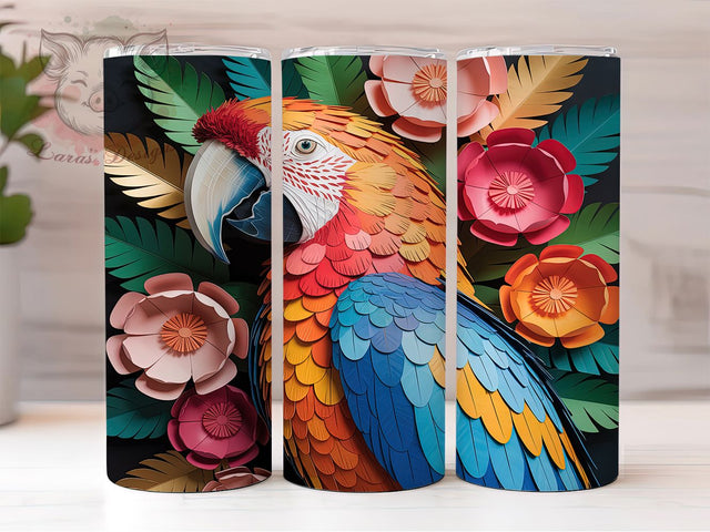 3D Colorful Tropical Parrot Tumbler, Colorful Bird Wrap, 20Oz Skinny Tumbler, Tropical Parrot Sublimation, Vibrant Feather Design, Exotic Bird Tumbler, Jungle Wildlife Wrap Sublimation Lara' s Designs 
