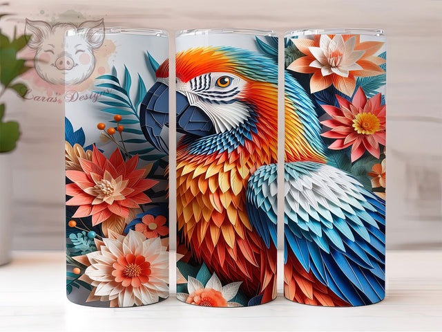 3D Colorful Tropical Parrot Tumbler, Colorful Bird Wrap, 20Oz Skinny Tumbler, Tropical Parrot Sublimation, Vibrant Feather Design, Exotic Bird Tumbler, Jungle Wildlife Wrap Sublimation Lara' s Designs 