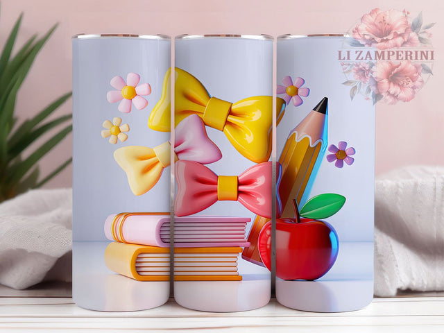 3D Coquette Pencil Teacher Tumbler, Coquette Pencil Bows, Puffy Wrap Design, Sublimation Cup, 20oz Skinny Tumbler, School Pattern, Appreciation Drinkware Sublimation Li Zamperini 