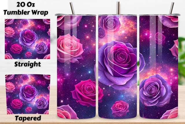 3D Cosmic Rose Seamless Tumbler Wrap, Pink and Purple Roses with Starry Background, seamless tumbler wrap, cosmic rose design, starry floral wrap, pink purple roses, watercolor cosmic design, 20oz skinny tumbler Sublimation FloridPrintables 