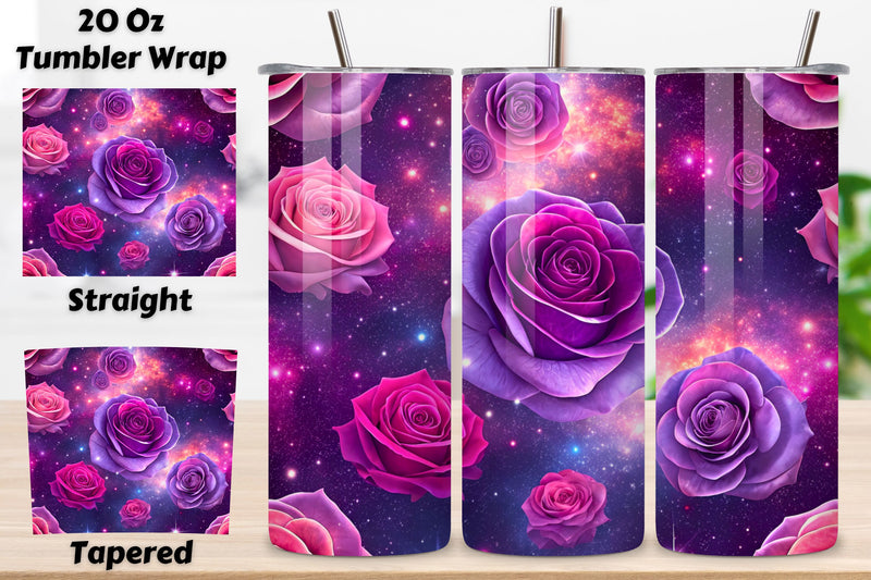 3D Cosmic Rose Seamless Tumbler Wrap, Pink and Purple Roses with Starry ...