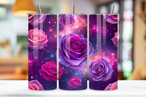 3D Cosmic Rose Seamless Tumbler Wrap, Pink and Purple Roses with Starry Background, seamless tumbler wrap, cosmic rose design, starry floral wrap, pink purple roses, watercolor cosmic design, 20oz skinny tumbler Sublimation FloridPrintables 