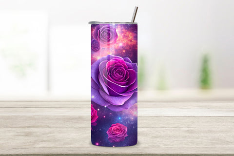 3D Cosmic Rose Seamless Tumbler Wrap, Pink and Purple Roses with Starry Background, seamless tumbler wrap, cosmic rose design, starry floral wrap, pink purple roses, watercolor cosmic design, 20oz skinny tumbler Sublimation FloridPrintables 